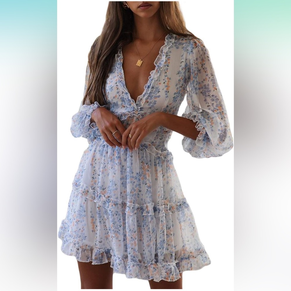 Long sleeve deep V floral dress